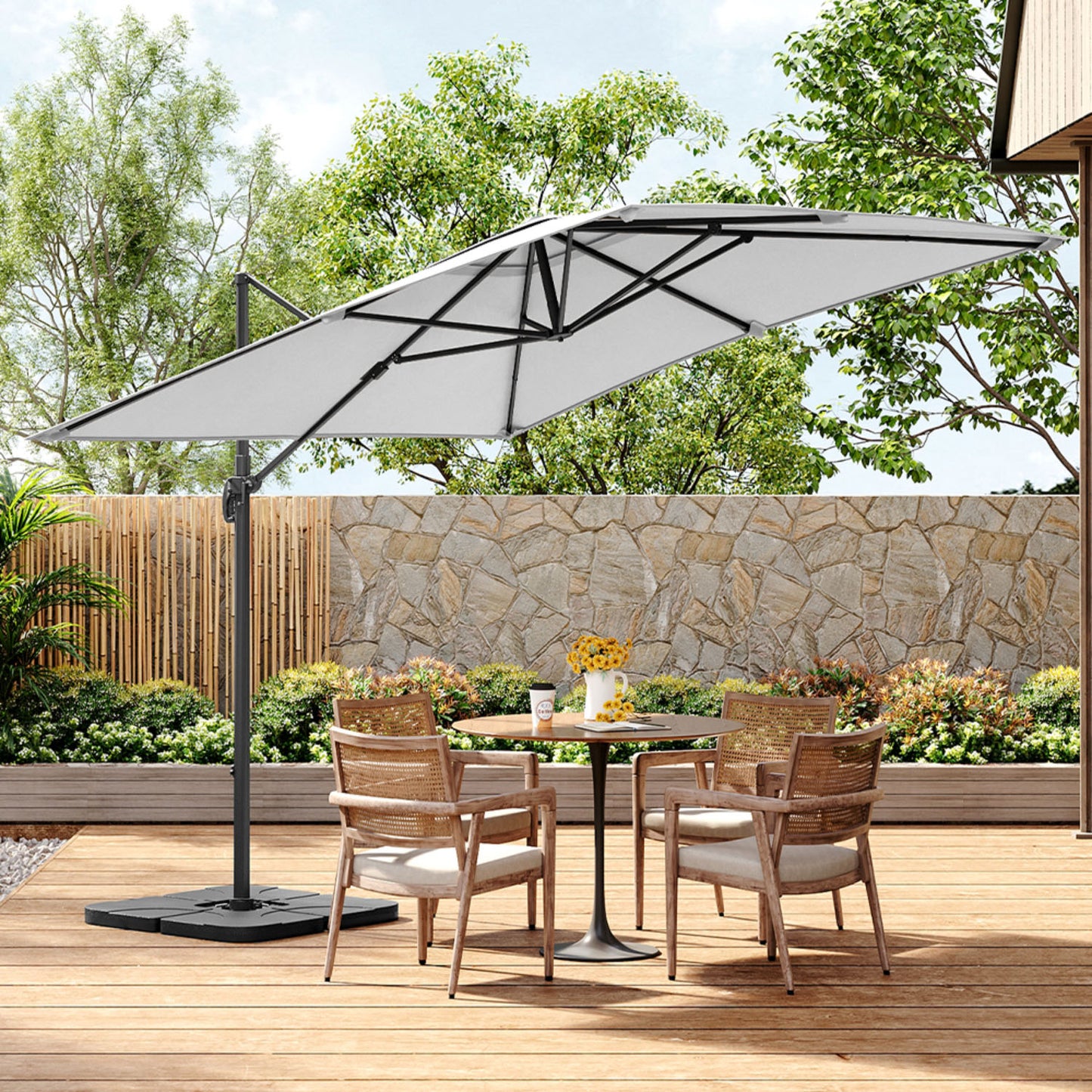 Square Cantilever 3m Crank Lift Garden Parasol light Grey with Square Base