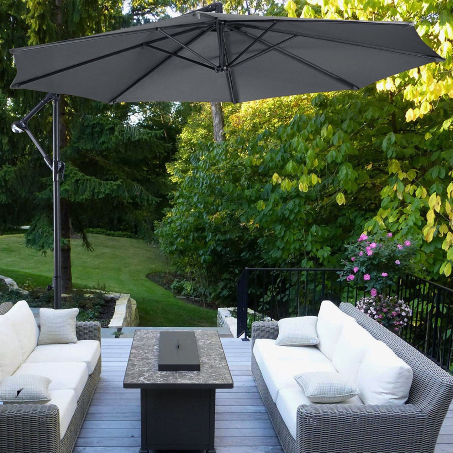 Cantilever Garden Parasol Dark Grey with Tilt Fillable Cross Base 3m