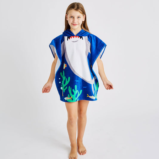 Catherine Lansfield Kids Shark Hooded Cotton Towel Poncho Blue