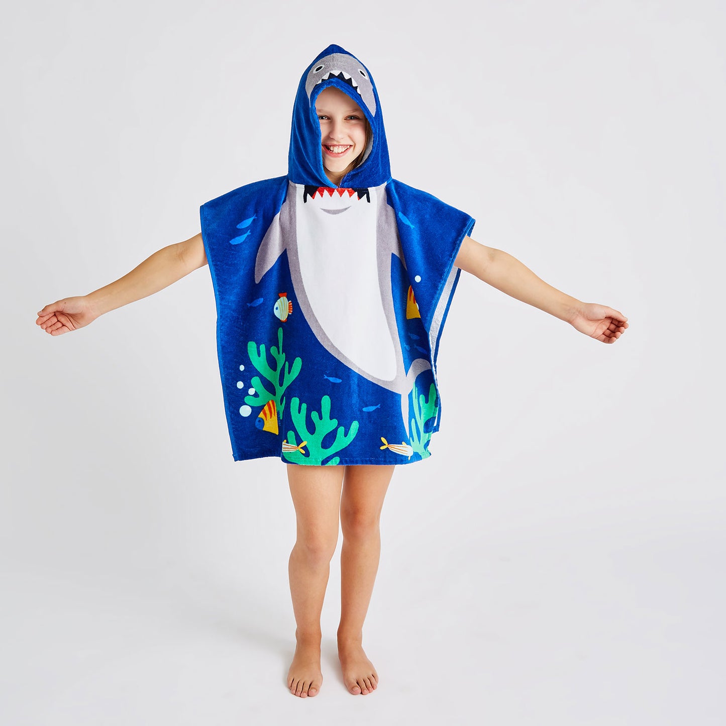 Catherine Lansfield Kids Shark Hooded Cotton Towel Poncho Blue
