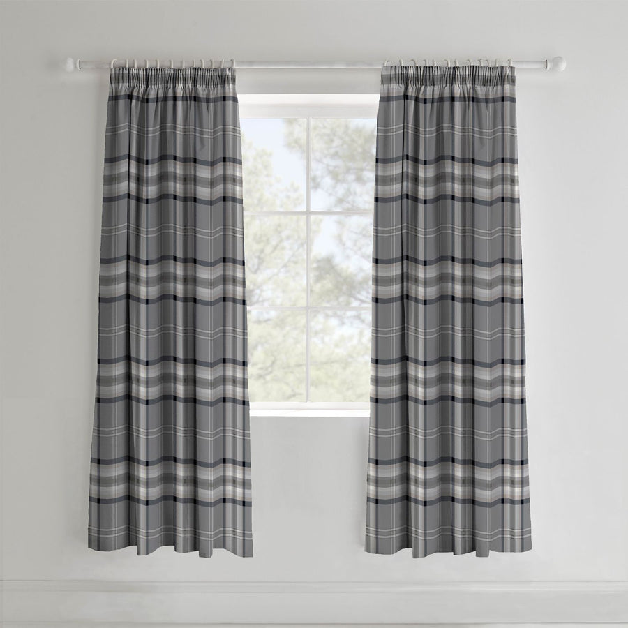 Catherine Lansfield Kelso Charcoal Check Lined Pencil Pleat Curtains