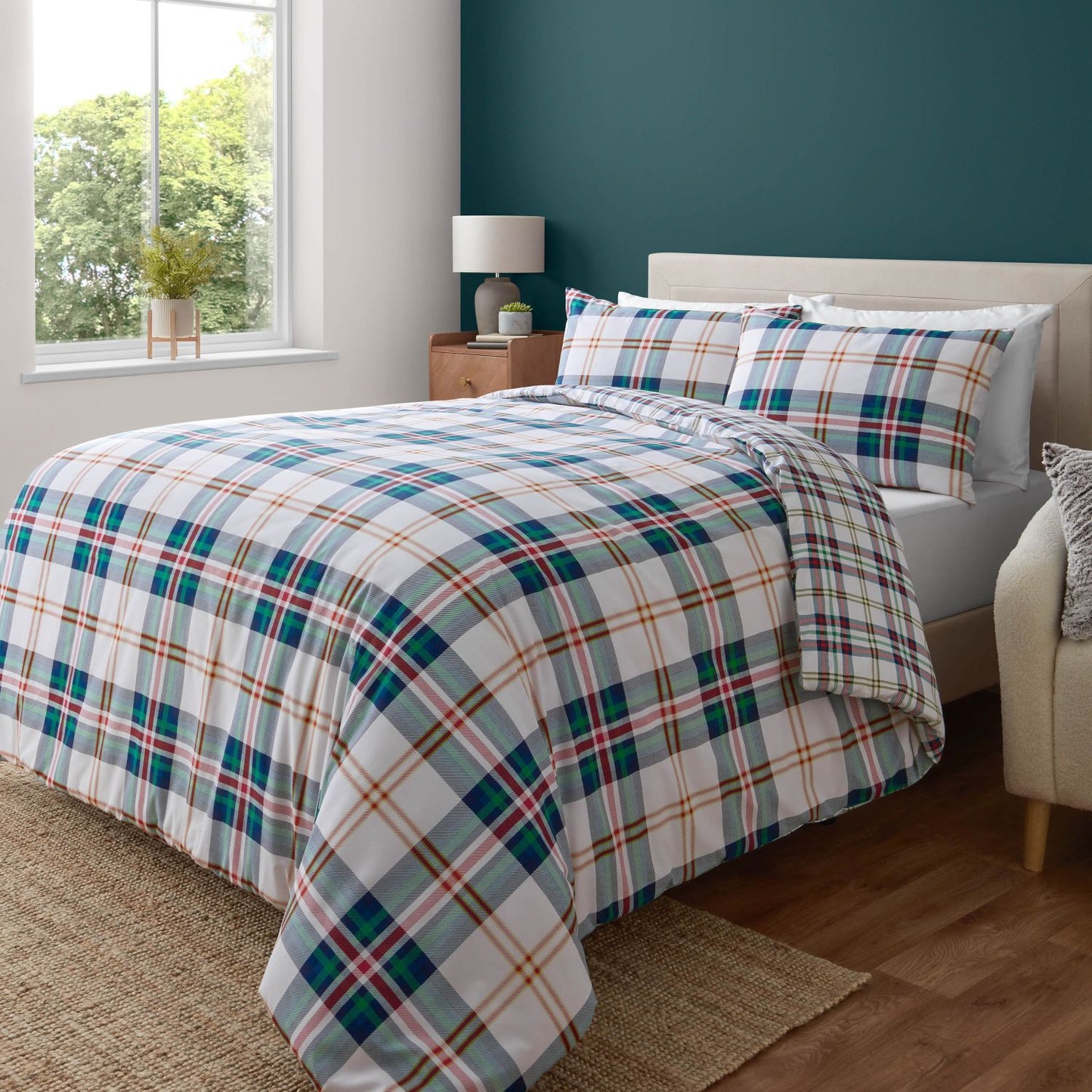 Catherine Lansfield Kelso Green Check Reversible Duvet Set