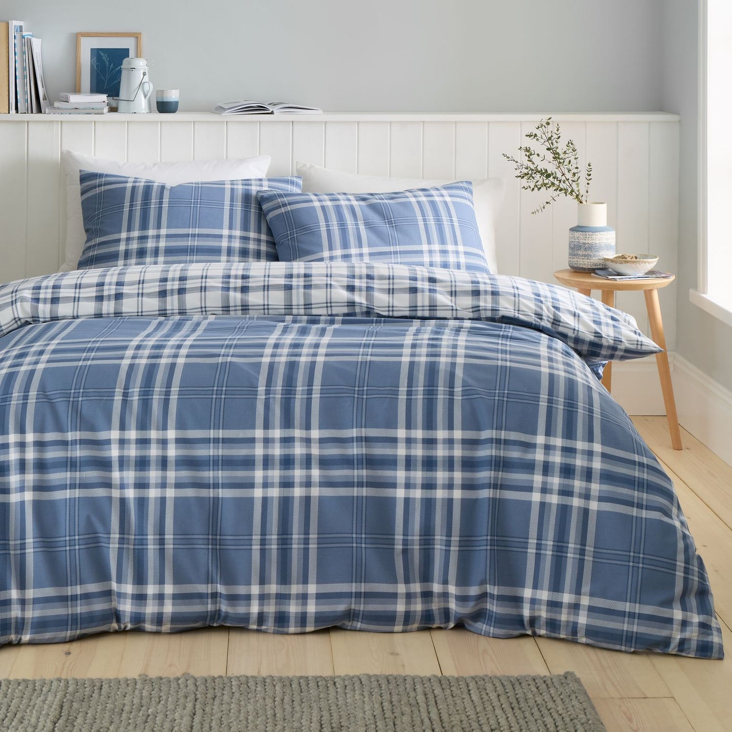 Catherine Lansfield Kelso Blue Check Reversible Duvet Set
