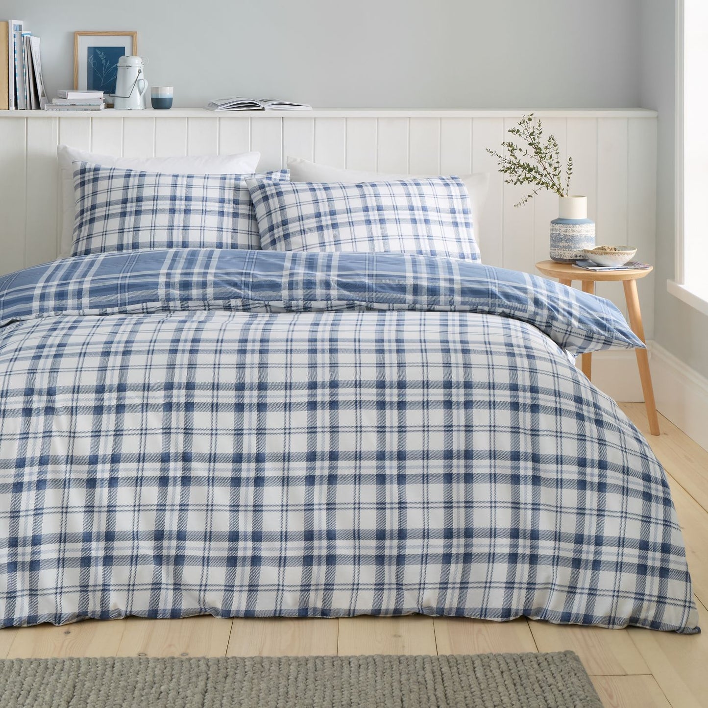 Catherine Lansfield Kelso Blue Check Reversible Duvet Set
