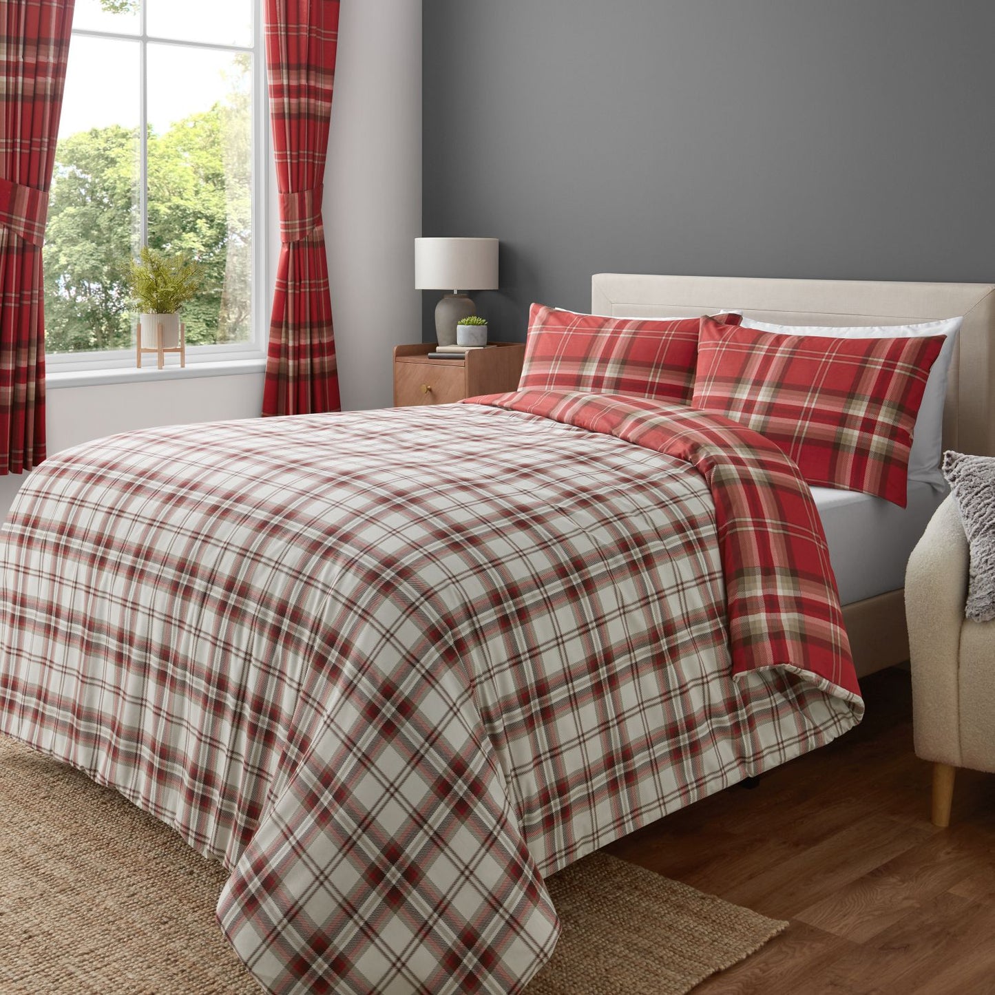 Catherine Lansfield Kelso Red Check Reversible Duvet Set