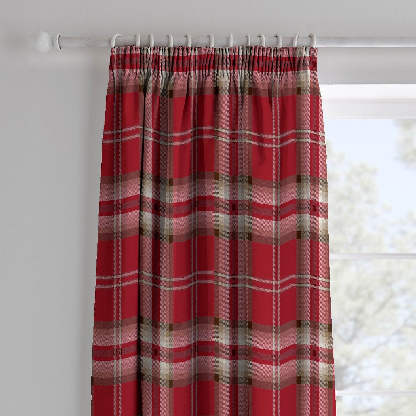 Catherine Lansfield Kelso Red Check Lined Pencil Pleat Curtains