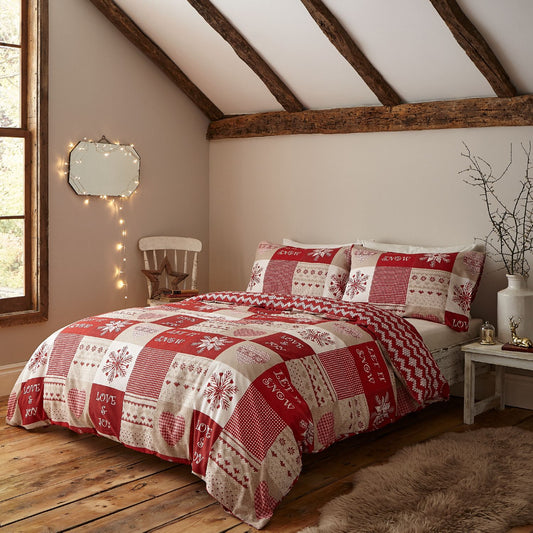 Catherine Lansfield Christmas Let It Snow Patchwork Red Duvet Set