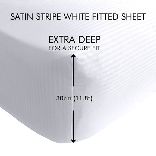 Catherine Lansfield White Satin Stripe 300TC Deep (32cm) Fitted Sheet