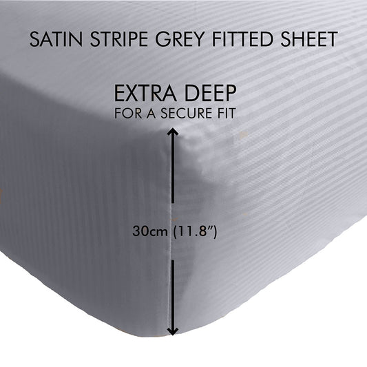Catherine Lansfield Grey Satin Stripe 300TC Deep (32cm) Fitted Sheet