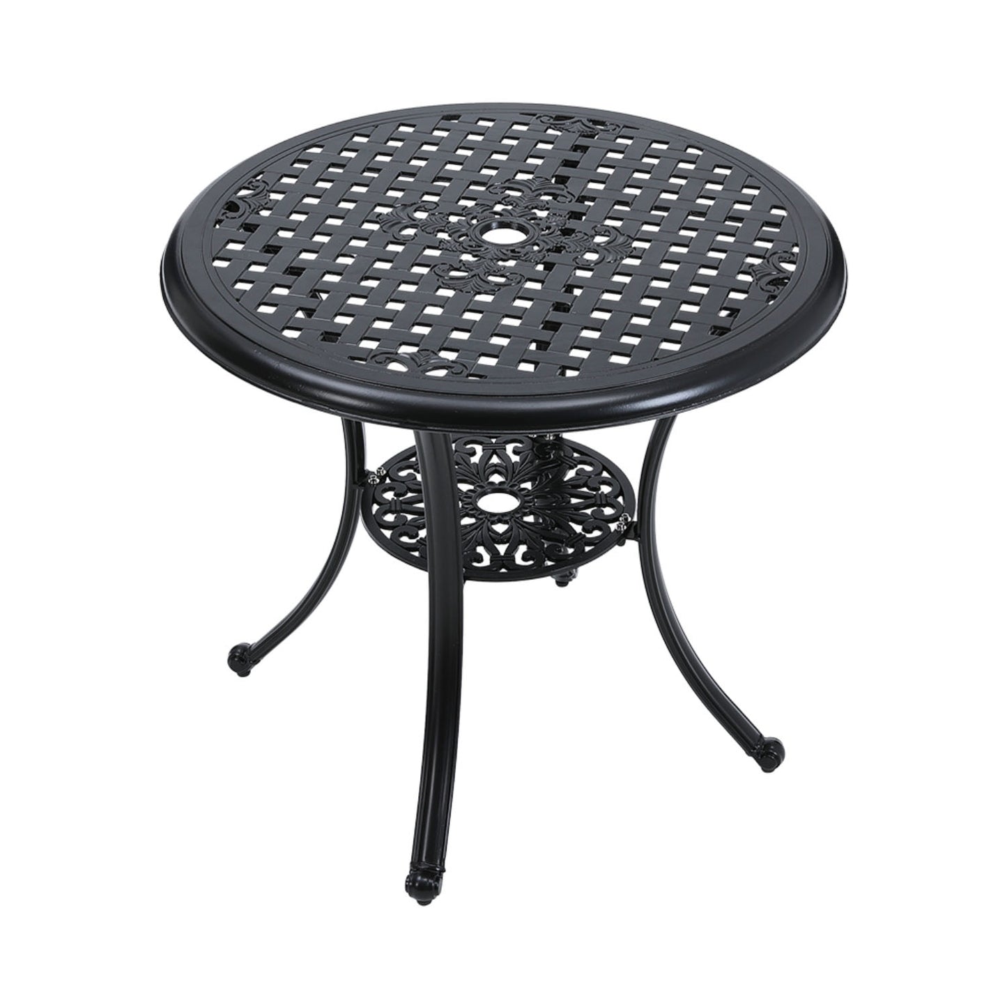 Black Cast Aluminum Round Bistro Patio Table with Parasol Hole