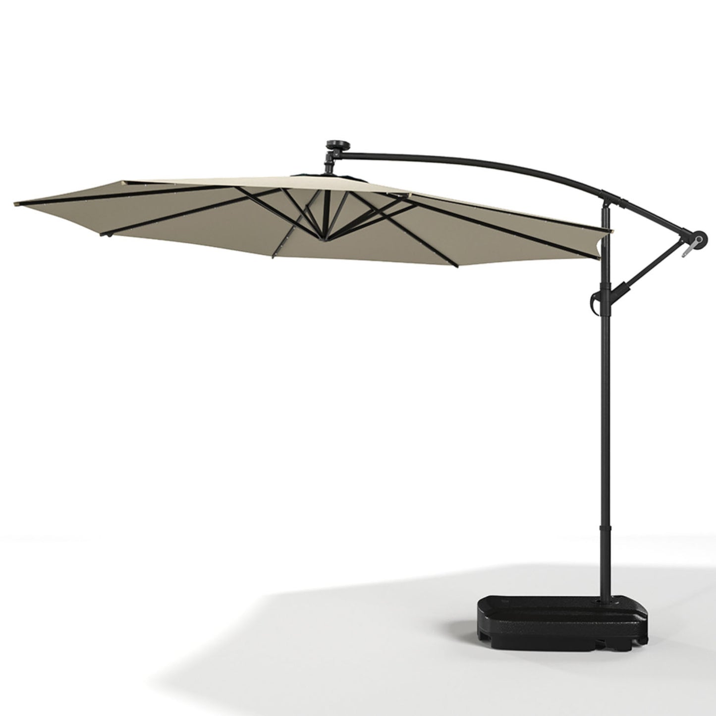 Cantilever Solar LED Garden Parasol Beige Crank Lift System With Base 3m