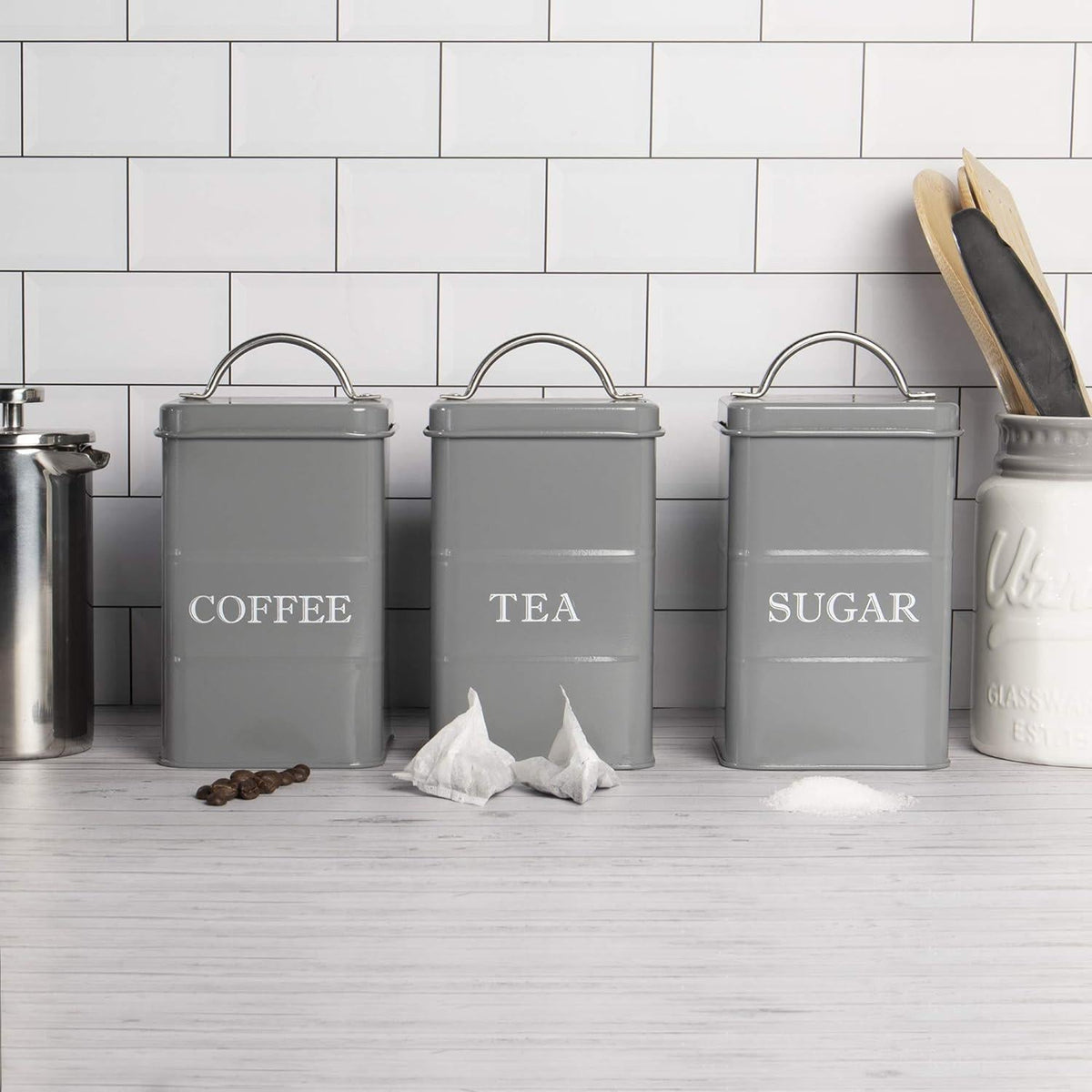 Stainless Steel Tea, Coffee & Sugar Canisters Grey