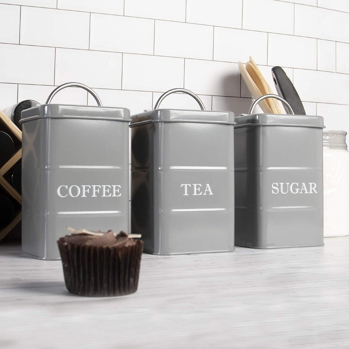 Stainless Steel Tea, Coffee & Sugar Canisters Grey