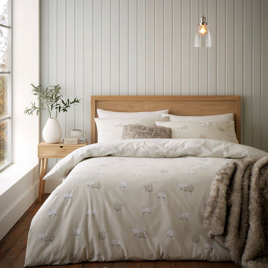 Catherine Lansfield Brushed Cotton Sheep Natural Reversible Duvet Set