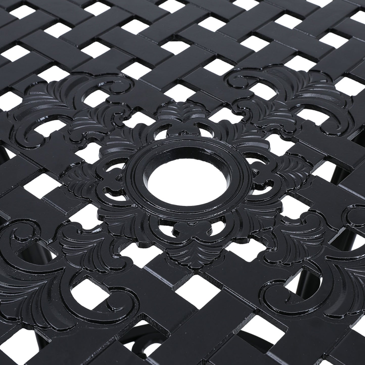 Black Cast Aluminum Round Bistro Patio Table with Parasol Hole