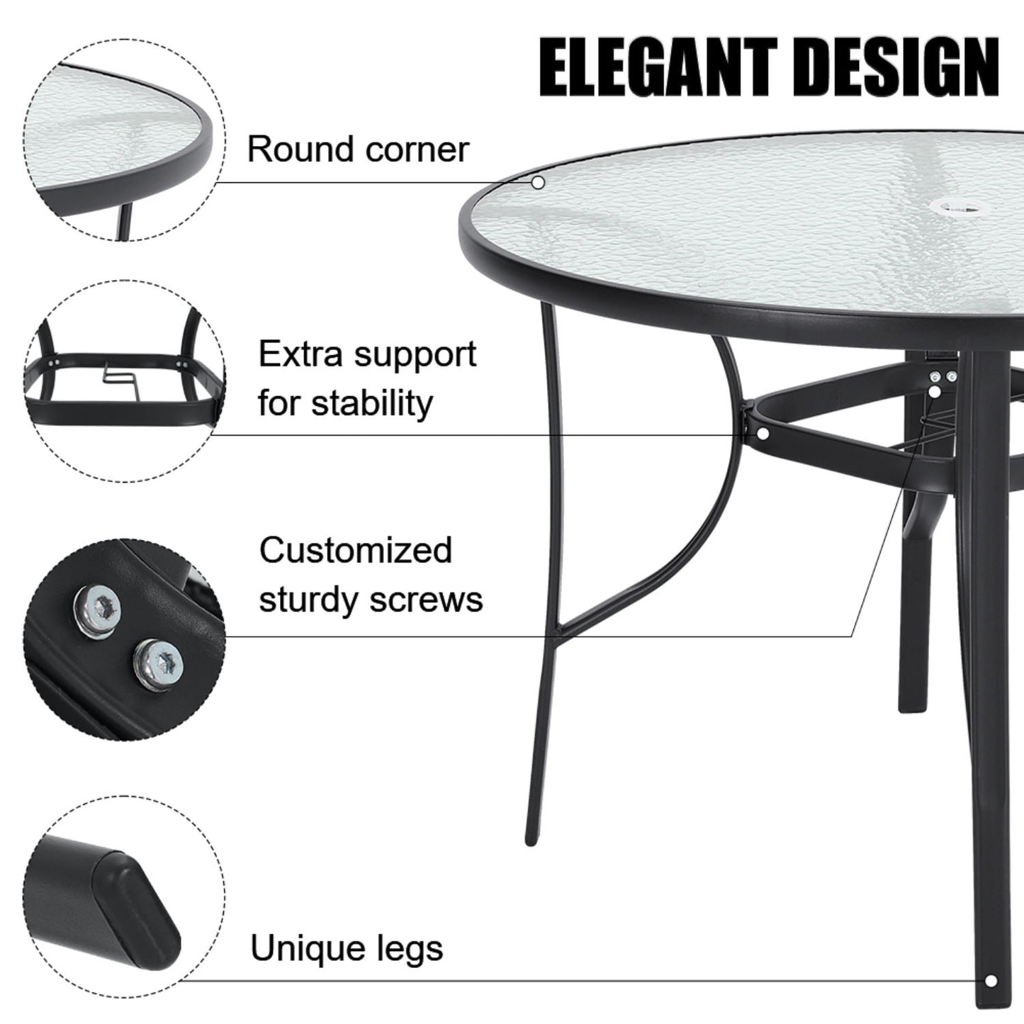 Round Tempered Glass Black Garden Table with Parasol Hole