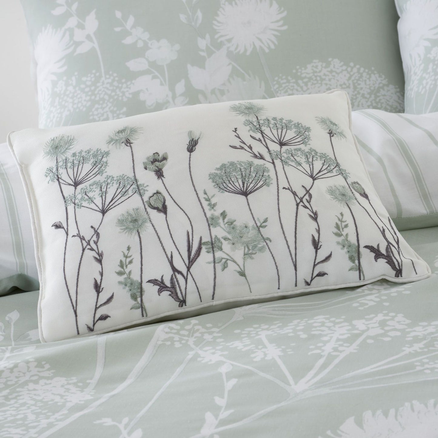 Catherine Lansfield Meadowsweet Green Floral Embroidered Cushion