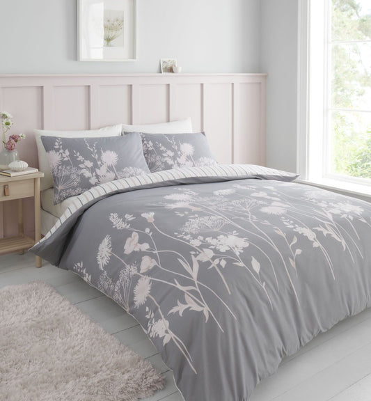 Catherine Lansfield Meadowsweet Grey and Pink Floral Duvet Set
