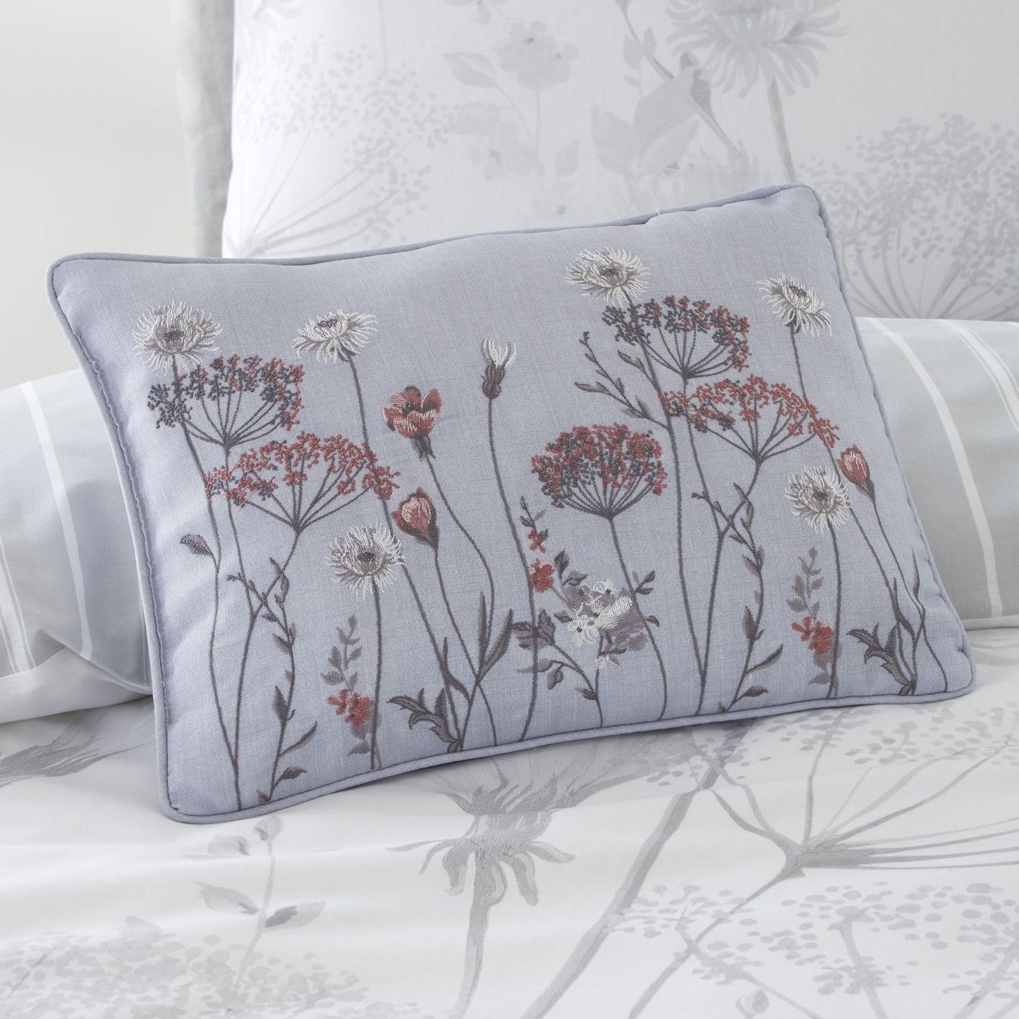 Catherine Lansfield Meadowsweet Grey Floral Embroidered Cushion