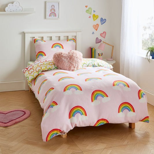 Catherine Lansfield Rainbow Hearts Pink Cosy Fleece Duvet Set