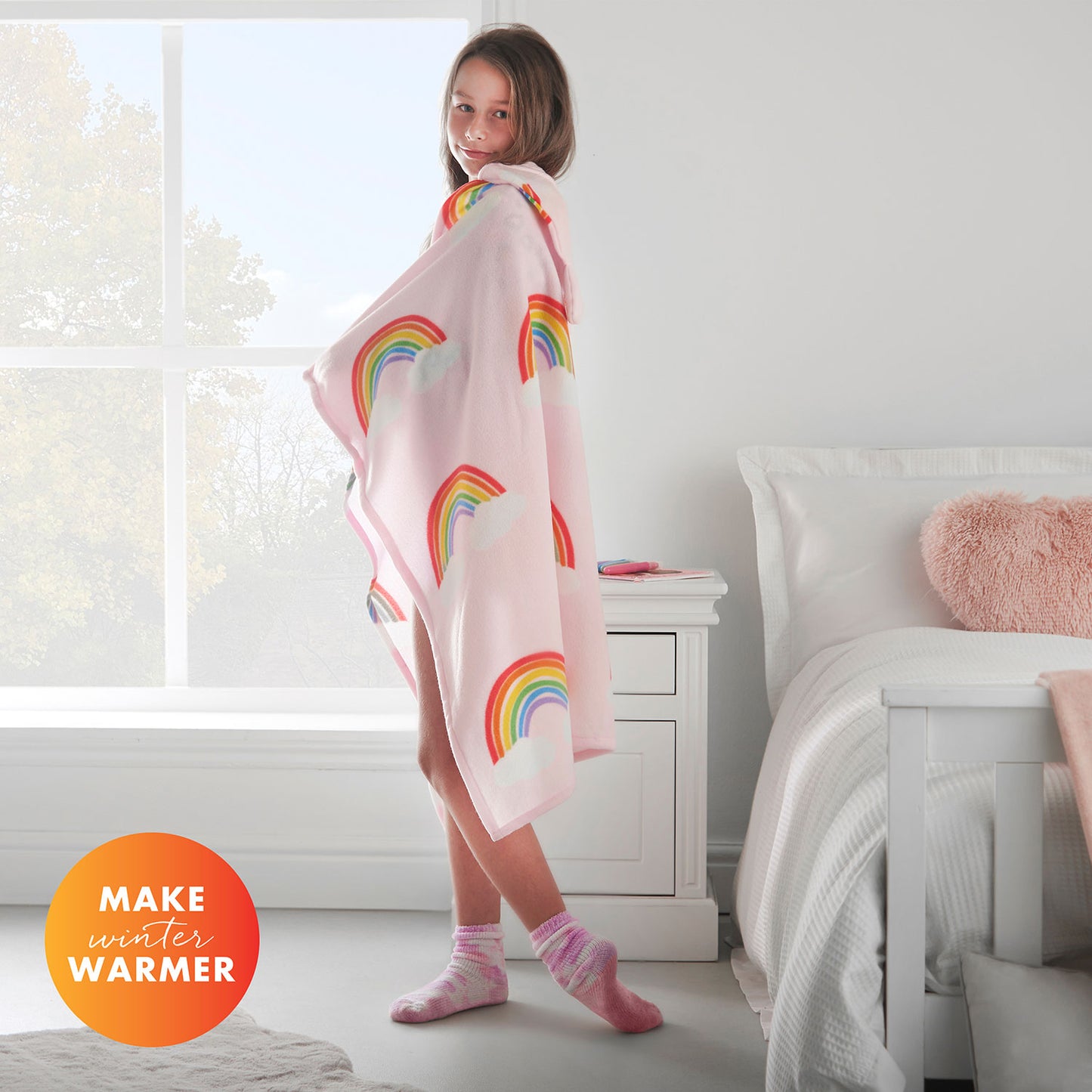 Catherine Lansfield Rainbow Hearts Pink Cosy Fleece Hooded Blanket