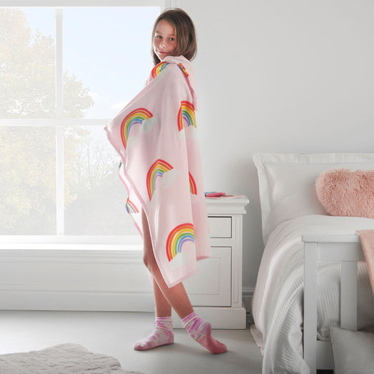 Catherine Lansfield Rainbow Hearts Pink Cosy Fleece Hooded Blanket