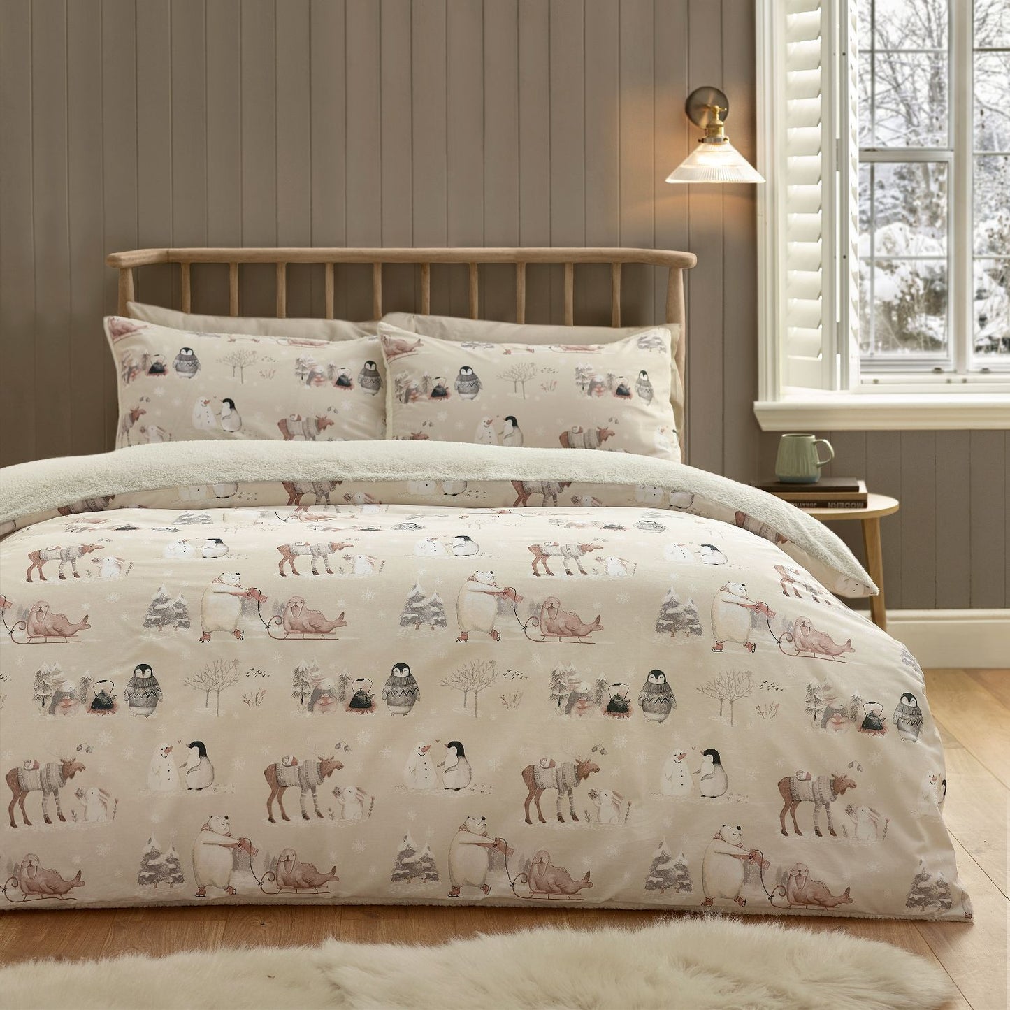 Catherine Lansfield Winter Friends Natural Sherpa Fleece Duvet Set