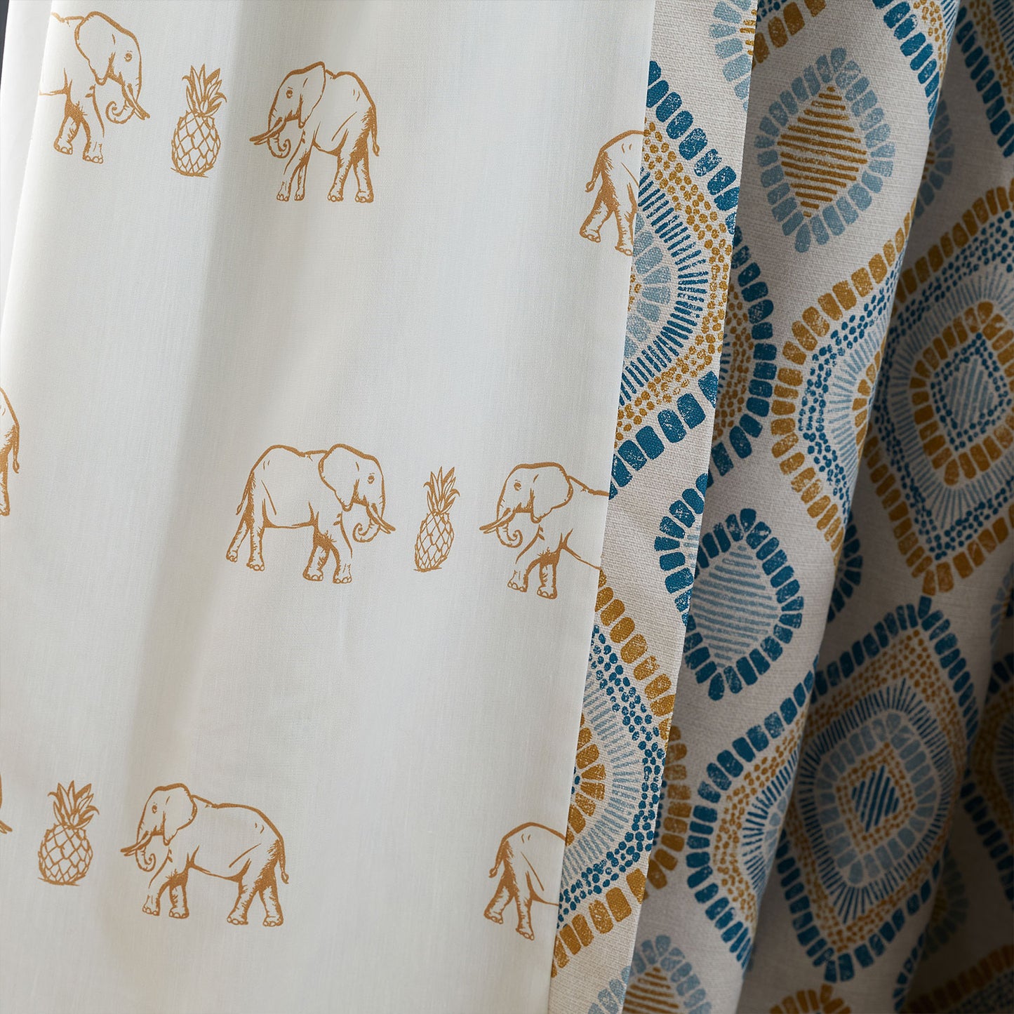 Pineapple Elephant Ziri Teal Cotton Lined Eyelet Curtains