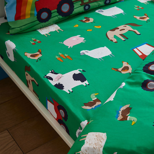 Catherine Lansfield Green Farmyard Animals Fitted Sheet