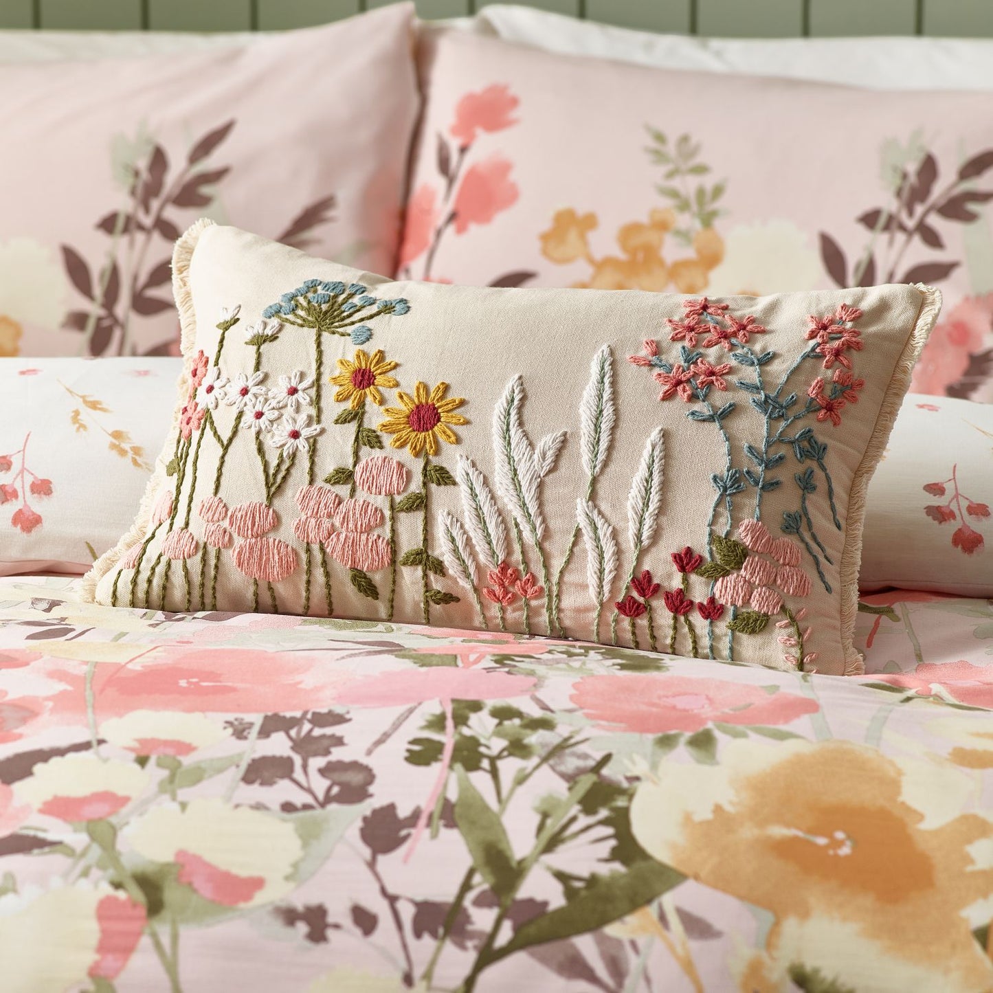 Catherine Lansfield Countryside Floral Natural Embellished Cushion