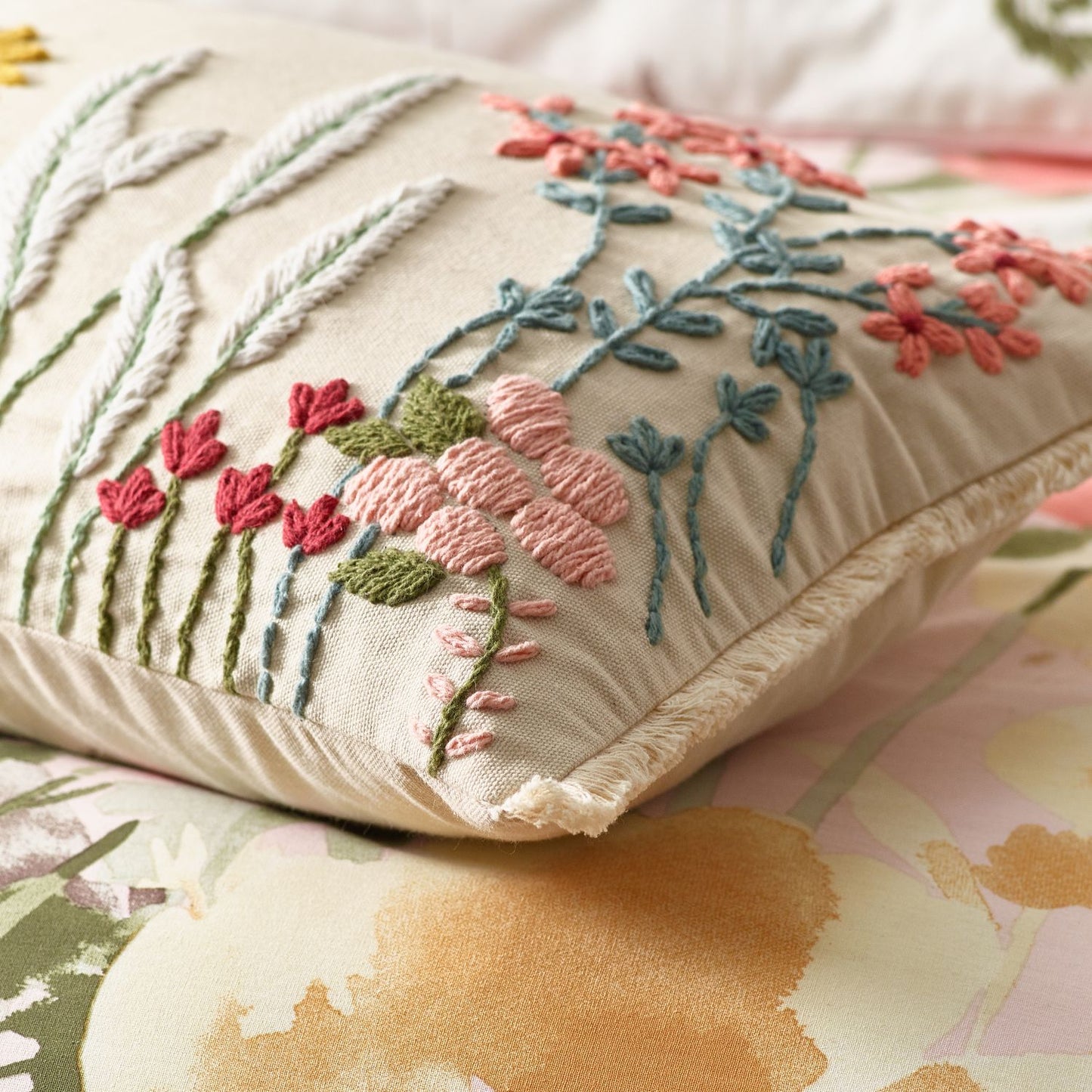 Catherine Lansfield Countryside Floral Natural Embellished Cushion