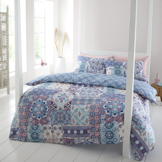 Catherine Lansfield Boho Patchwork Blue Reversible Duvet Set