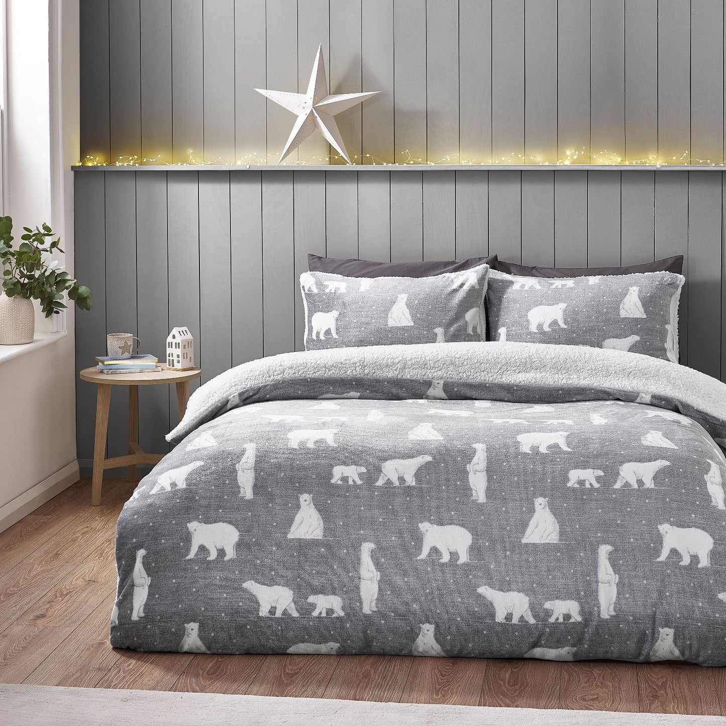 Catherine Lansfield Cosy Polar Bear Grey Sherpa Fleece Duvet Set