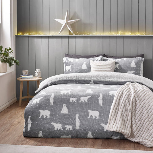 Catherine Lansfield Cosy Polar Bear Grey Sherpa Fleece Duvet Set