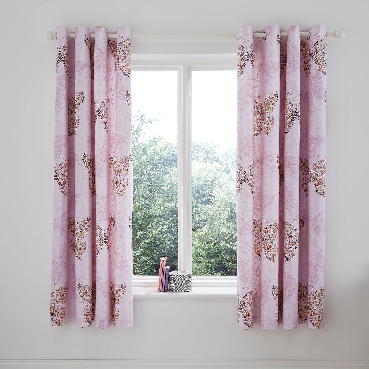 Catherine Lansfield Pink Enchanted Butterfly Reversible Eyelet Curtains