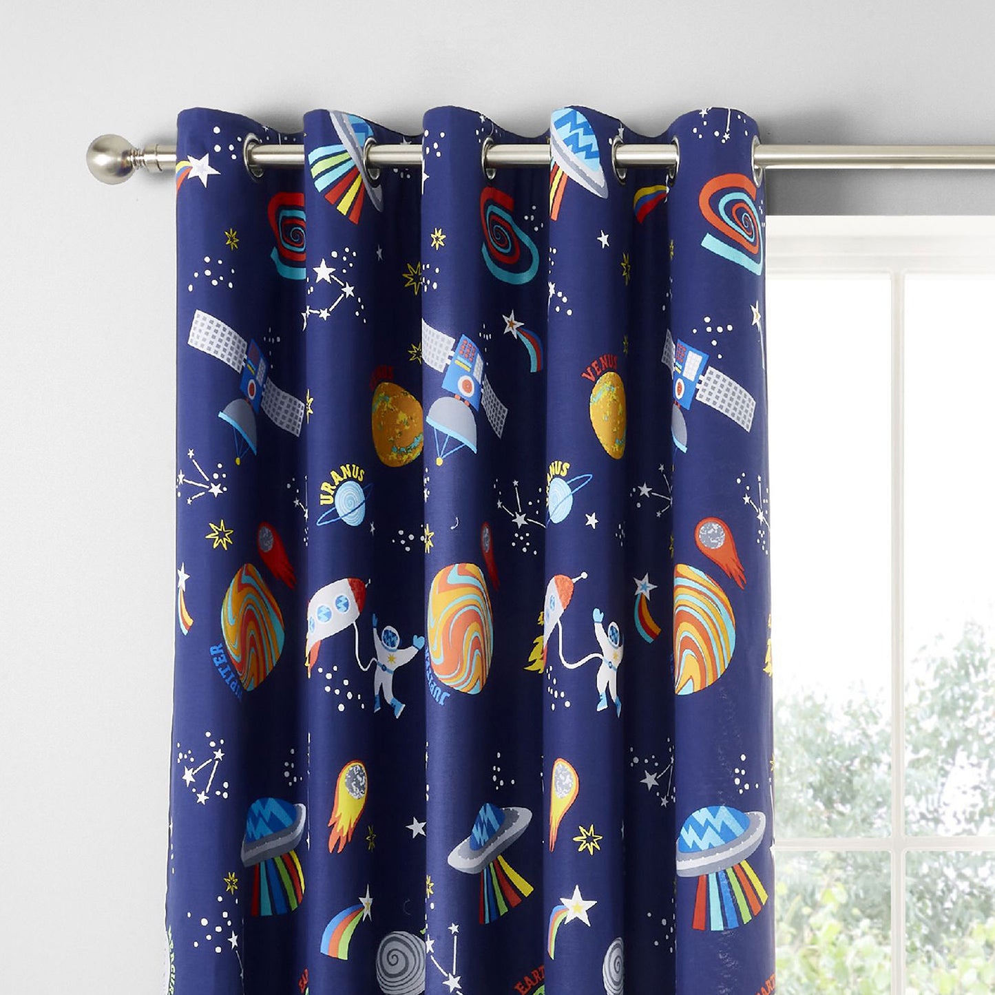Catherine Lansfield Lost In Space Grey/Blue Reversible Eyelet Curtains