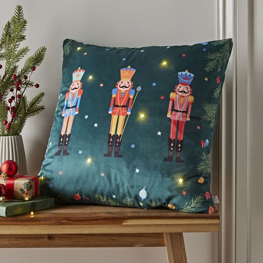 Catherine Lansfield Christmas Nutcracker Soft Velvet Light Up Cushion