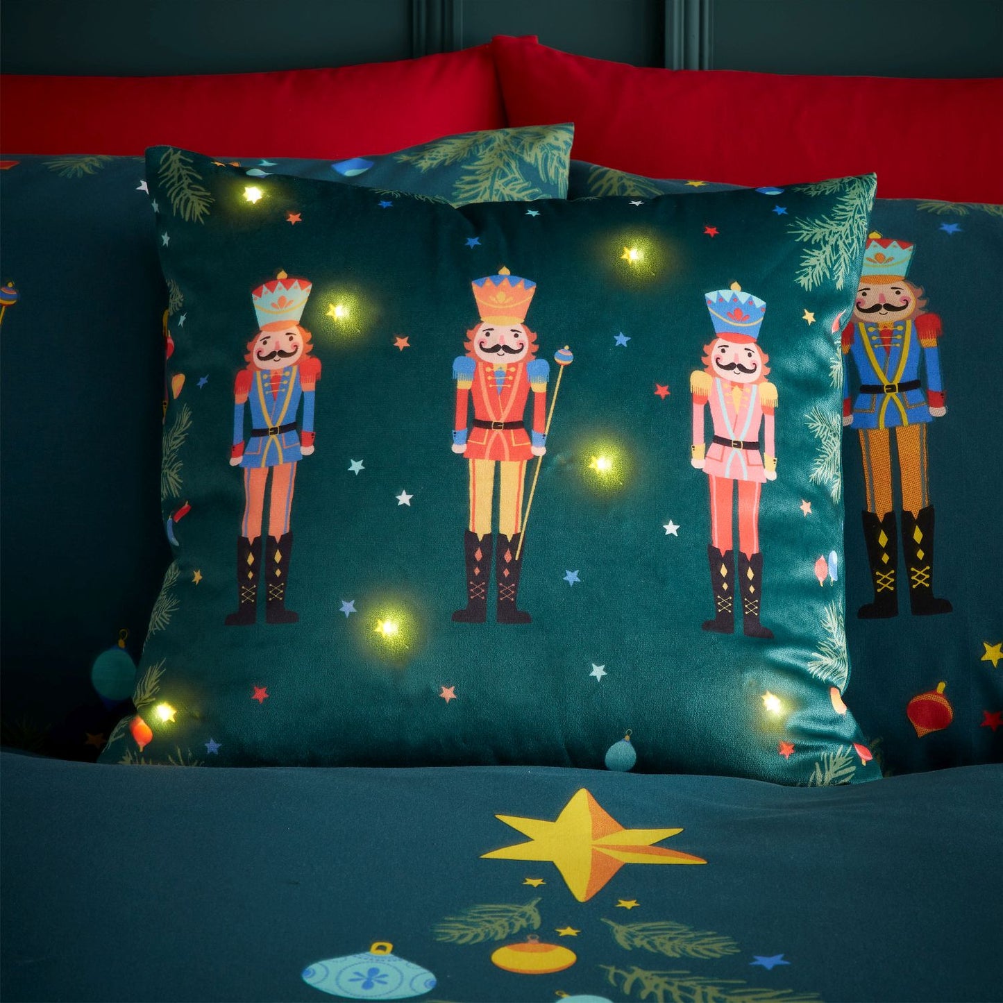 Catherine Lansfield Christmas Nutcracker Soft Velvet Light Up Cushion