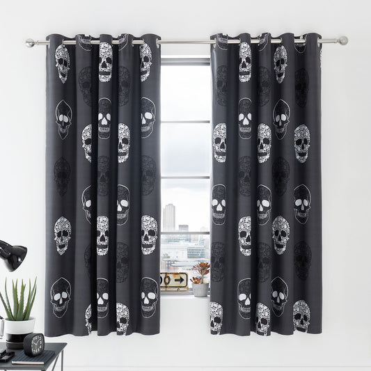 Catherine Lansfield Skulls Reversible Eyelet Curtains