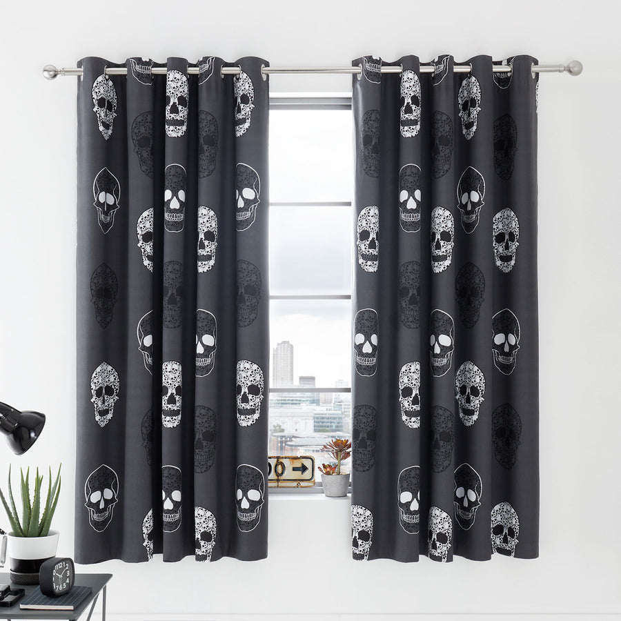 Catherine Lansfield Skulls Reversible Eyelet Curtains