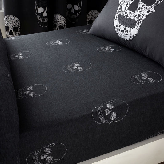 Catherine Lansfield Grey Skulls Fitted Sheet