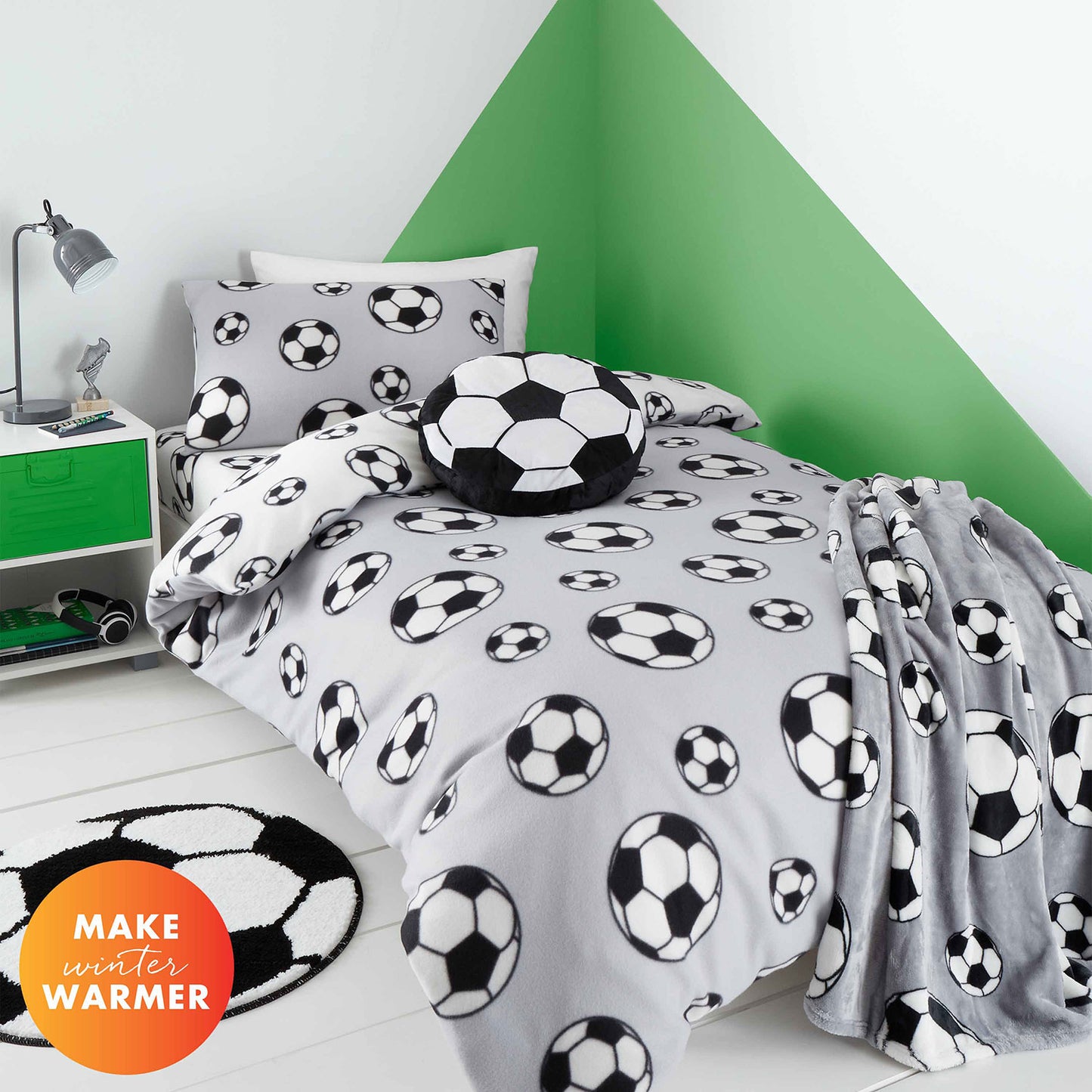 Catherine Lansfield Cosy Grey Football Fleece Reversible Duvet Set