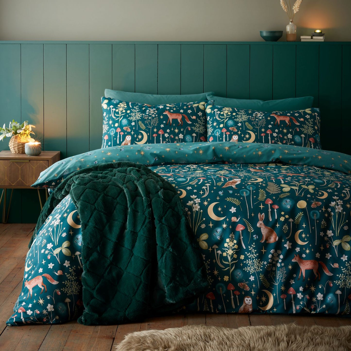Catherine Lansfield Enchanted Twilight Animals Forest Green Duvet Set