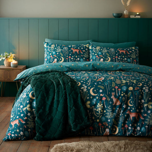 Catherine Lansfield Enchanted Twilight Animals Forest Green Duvet Set