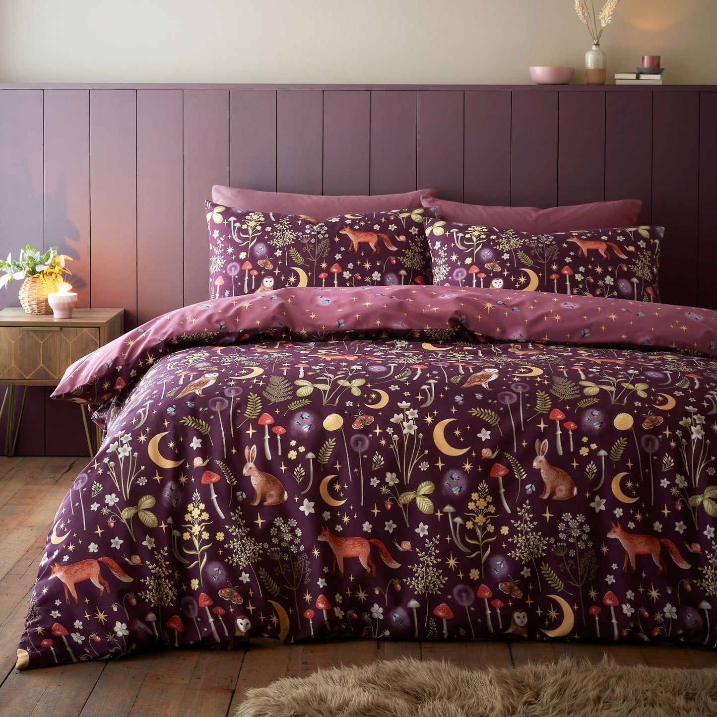 Catherine Lansfield Enchanted Twilight Animals Plum Duvet Set