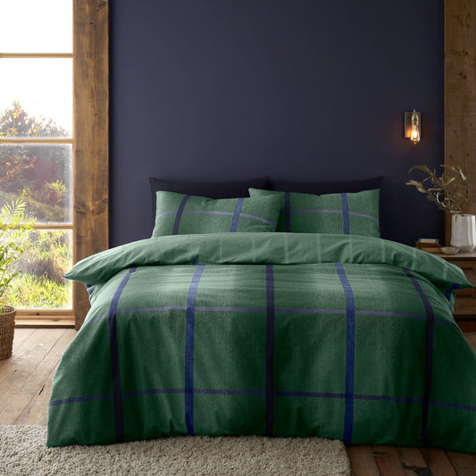 Catherine Lansfield Brushed Cotton Melrose Tweed Green Duvet Set