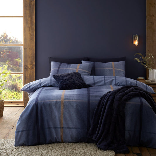 Catherine Lansfield Brushed Cotton Melrose Tweed Blue Check Duvet Set