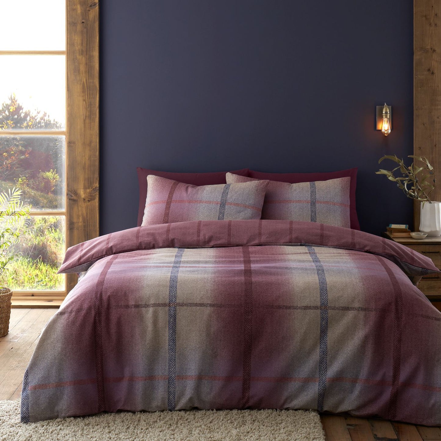 Catherine Lansfield Brushed Cotton Melrose Tweed Plum Check Duvet Set