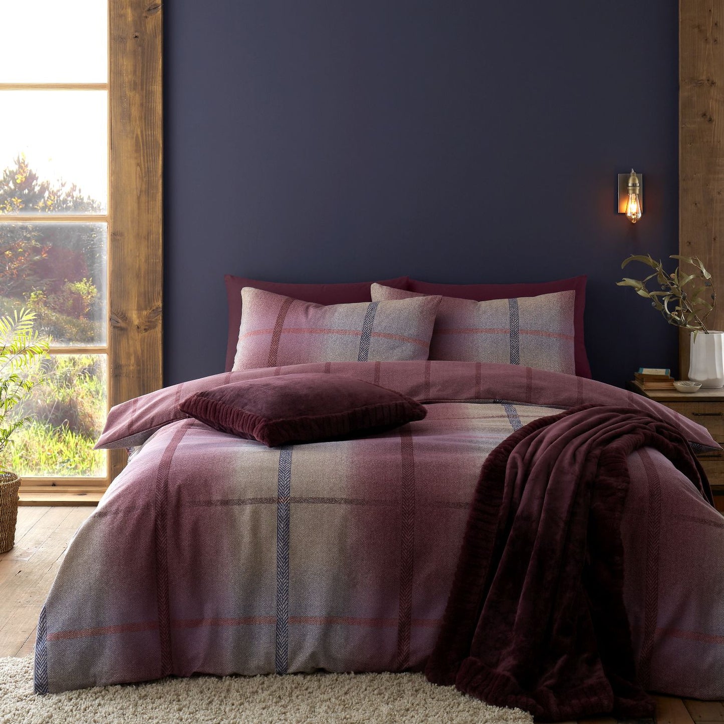 Catherine Lansfield Brushed Cotton Melrose Tweed Plum Check Duvet Set