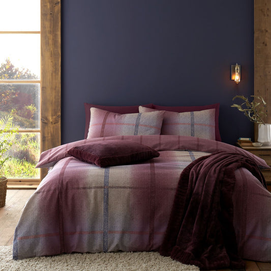 Catherine Lansfield Brushed Cotton Melrose Tweed Plum Check Duvet Set